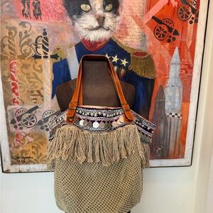 Elliot Mann vintage crochet coin leather beads studs and fringes Boho tote-EC